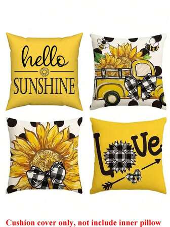 4pcs Sunflower & Car Printed Square Pillowcase Without Pillow Inner, Spring Summer Rural Style Decorative Cushion Cover For Living Room, Bedroom And Car