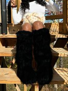 Women's Winter Furry Snow Boots Fuzzy Fluffy Round Toe Suede Booties Flat Heel Slip On Outdoor Indoor Shoes Fashion Warm Fluffy Shoes - 黑色長管 - 查看 6