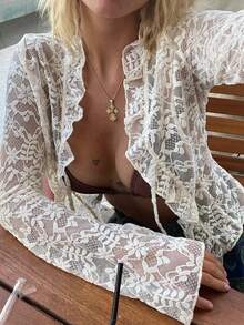 Women's Summer Fall Floral Lace Long Sleeve Blouse Ruffle Trim Tie Front Sheer Mesh Crop Top For Party Club - 白色 - 查看 4