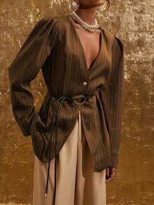 女式条纹泡泡长袖休闲夹克，秋季 - 咖啡棕 - 查看 6