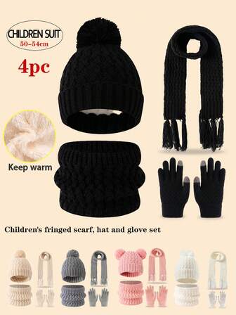 4pcs Kids Knitted Hat/Scarf/Gloves Set, Thick Warm Winter Outfit, Minimalist Cute Fashion, Suitable For 3-12 Years Old Children Outdoor Hiking/Skiing And Daily Winter Wear