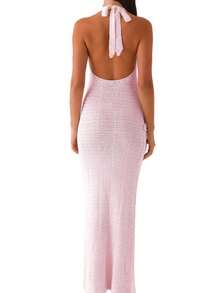 Women's Halter Neck Knit Dress Sleeveless 3D Flower Hollow Out Bodycon Long Dress Beach Dress Cover Up - 粉色 - 查看 2