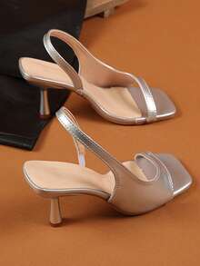 1 par de sandalias de tacón con cierre deslizante de color plateado para adolescentes, de material suave de PU, con punta abierta, tacón de aguja, elegantes y de moda, adecuadas para uso diario, casual, viajes y oficina en verano