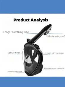 一套全脸浮潜面罩，含一副耳塞，可折叠180°全景浮潜面罩，采用最新干式顶部系统，硅胶防雾防漏，带相机支架，呼吸顺畅，适用于浮潜、自由潜水、游泳，成人浮潜装备（新旧款随机发货）