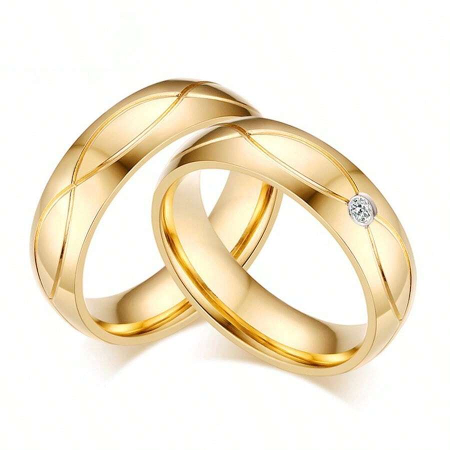 1 pieza Anillo de pareja minimalista con circonita cúbica redonda y rayas, joyería de acero inoxidable, regalo romántico de boda, compromiso, San Valentín o cita, accesorio diario