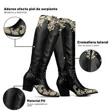Weide Botas para mujer – Botas vaqueras de mujer con punta fina, estampado serpiente, tacón medio retro y estilo punk - Negro - Ver 6