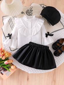 3 Stücke Baby Mädchen Mode Elegantes Set, Weißes Spitzenkragen Rüschenärmel Lässig Bluse und Kunstleder Rock mit Hut