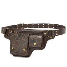 Women's Chest Bag Retro Rivet Decor Adjustable Belt Waist Pack Black Faux Leather Waist Bag With Multiple Compartments - 壓變咖啡色 - 查看 8