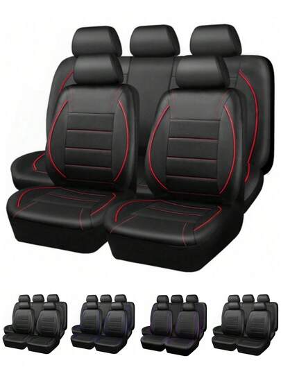 9件/4套通用反光滚边真皮汽车座椅套，兼容安全气囊，拉链开口设计，适用于SUV、厢式货车、卡车