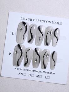 10pcs Coffin Handmade Press On Nails With Elegant Strobe Glossy Glitter Silvery Geometric Line French Style Nail Art Design Jade Gray Cat Eye False Nails Reusable Fake Nail Tips Fast Stick & Long Lasting DIY Nail Beauty - Light Grey - View 11