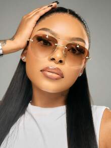 1 Pair Metal Double-Beam Glasses, Toad Eye Glasses, Frameless Personalized Fashion Glasses, Versatile Elegant Casual Women's Glasses, Suitable For Daily Wear, Street Photography, Vacation Travel, Summer Beach And Other Occasions, Women's Accessories - 茶色 - 查看 3
