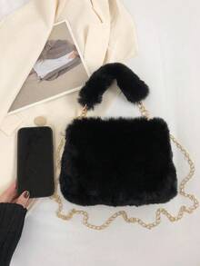 New Design Of Women's Ins Small Field Crossbody Bag Fashion Chain Fur Bag, Autumn And Winter Korean Version Of Small Square Bag - Black - View 7
