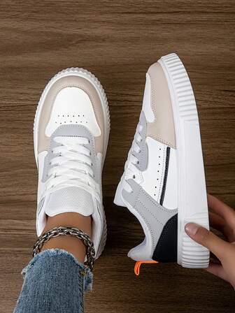 女士时尚休闲运动鞋低帮系带透气拼色运动鞋，轻便舒适滑板鞋