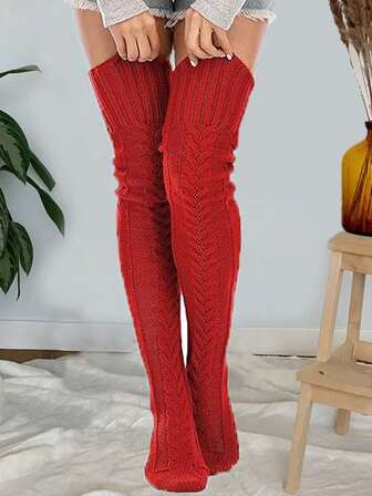 1 par de calcetines largos hasta el muslo de unicolor de lana, calcetines sobre la rodilla, forrados térmicos gruesos para mujeres, adecuados para otoño/invierno, vacaciones y reuniones, calcetines acogedores