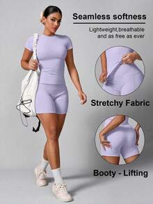 Conjunto deportivo de verano para mujer de unicolor simple con pantalones cortos y manga corta - Morado - Ver 11