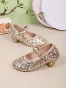 Girls' Shiny Round Toe High Heel Shoes, Casual Versatile Princess Shoes For Students, Suitable For Performances, Autumn