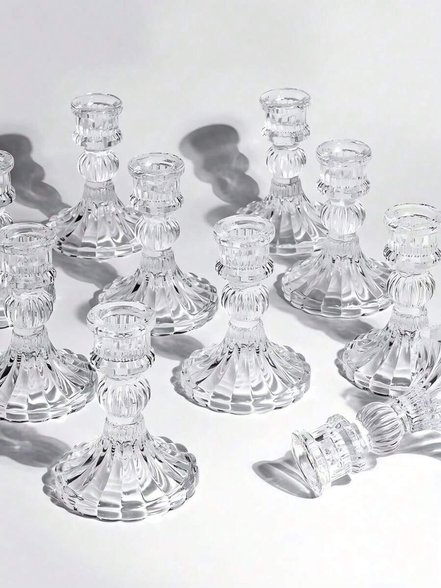 4个透明玻璃烛台，复古浮雕水晶玻璃烛台套装，水晶锥形烛台，适用于餐桌、婚礼、派对、教堂装饰、家居装饰