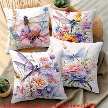 Set de 4 fundas de cojín con diseño de libélula en acuarela - Terciopelo suave color melocotón, 17.7x17.7 pulgadas, con cierre de cremallera, lavable a máquina - Perfecto para decoración de sala de estar y dormitorio, sin cojín interior - Multicolor - Ver 1