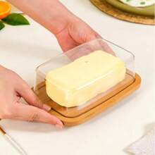 Bamboo Cheese Bowl With Lid, Rectangular, Round Plastic Lid, Presentation Tray With Cheese Board, Dessert Plate For Refrigerator, Kitchen And Countertop - 7.5*19*12.5CM - View 4