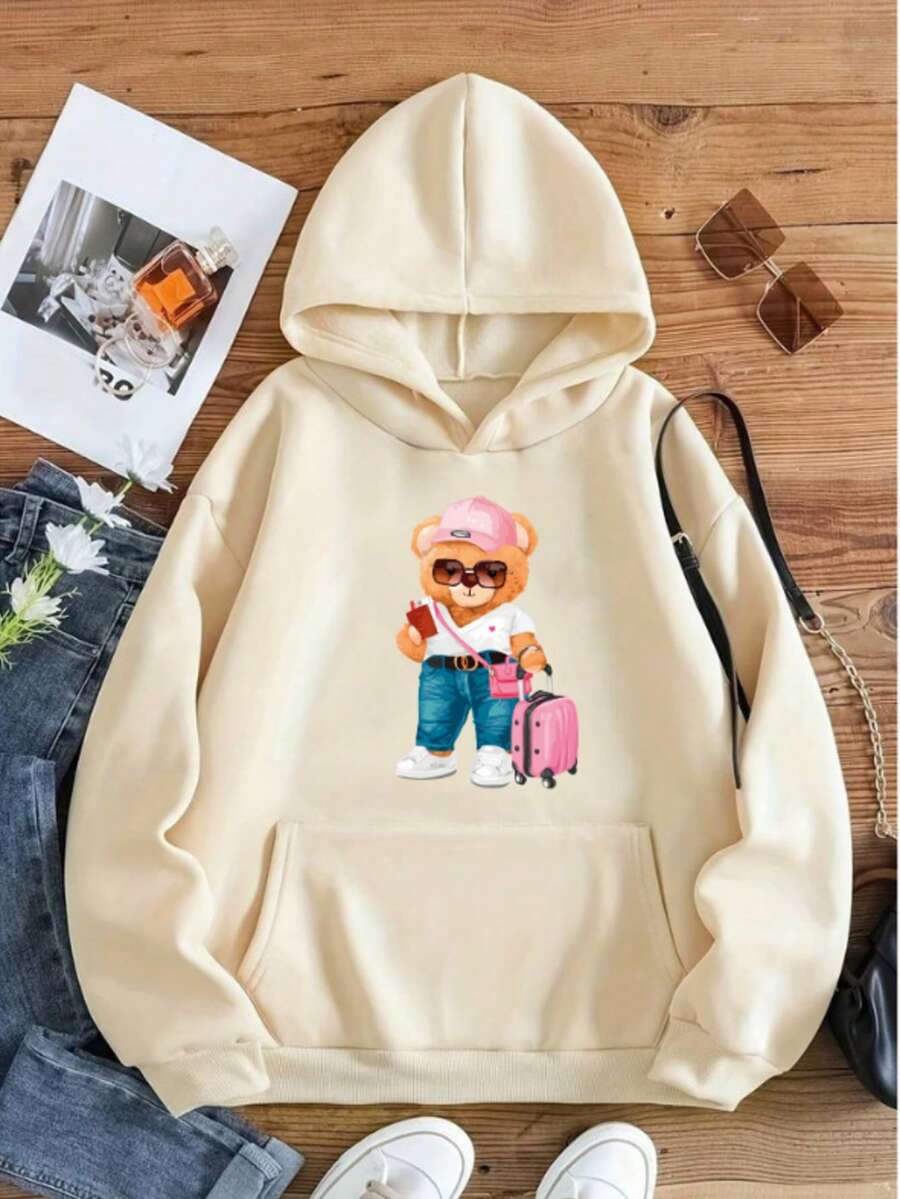 Sudadera hoodie mujer dama bolsillo canguro gorro capucha estampado grafico OSITA MALETA estilo americano juevnil moderno casual caliente frío uso diario | buena calidad | Textura Suave - Beis - Ver 1