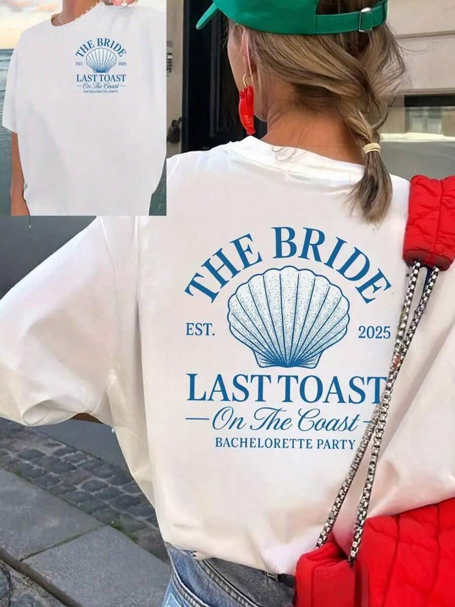 100% Cotton Women'S Bachelorette Party T-Shirt - THE BRIDE Last Toast - Coastal Bride-To-Be Top - White With Blue Shell Graphic - 白色 - 查看 1