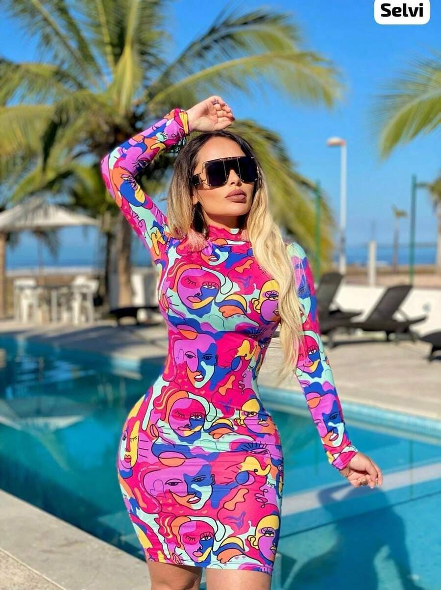 Elegante Modelo de Cuello Alto con Manga Larga – Ajustado al Cuerpo en Tela Fresca y Estampados Coloridos - Naranja - Ver 1