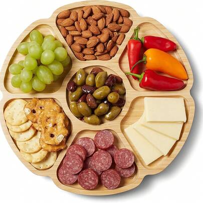 Bandeja de bambú para aperitivos de 1 pieza, bandeja para servir aperitivos, plato para aperitivos, ideal para pasteles, frutas, nueces y dulces.