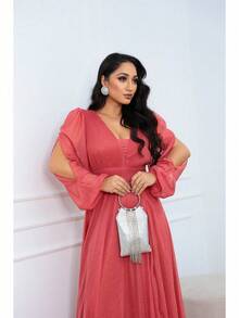 Women's Long Aurora Tulle Dress With Shiny Long Sleeves - Terracota - 查看 4