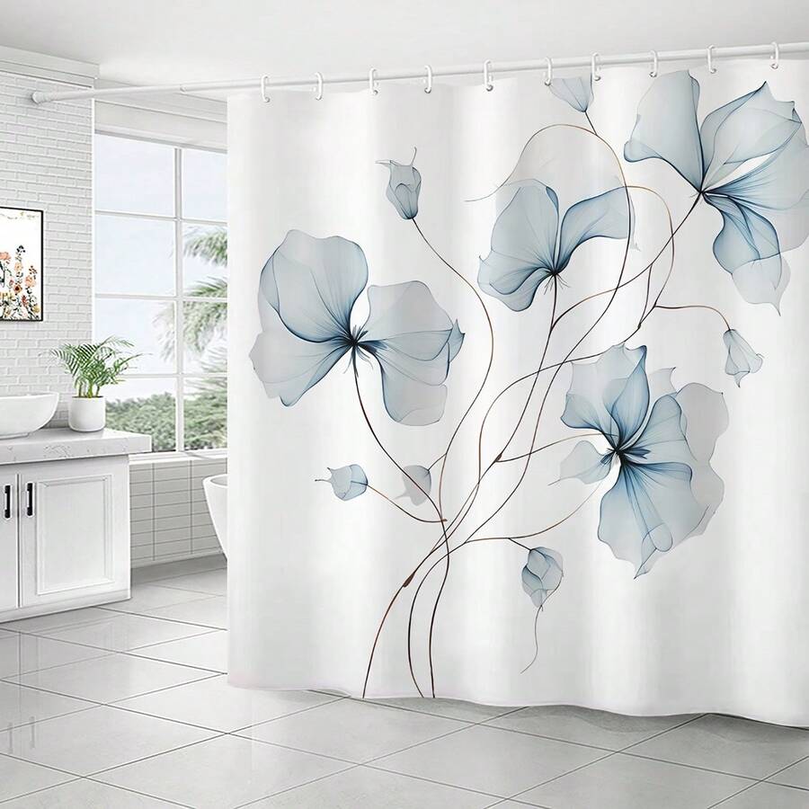 1 pièce Rideau de douche à imprimé floral avec crochets, rideau de bain imperméable, séparateur de baignoire, accessoire de salle de bain, décoration murale, rideau, décoration de la maison, décoration de Noël