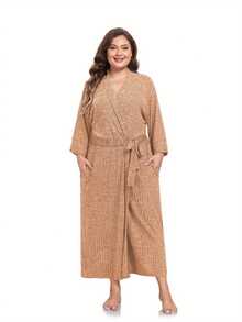 Bata de punto larga para mujer de talla grande, bata de baño suave, bata kimono ligera con bolsillos para estar en casa - cúrcuma - Ver 2