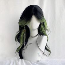 Black Wig Green Highlights Long Wavy Wig With Curtain Bangs 26 Inch Ombre Black To Green Wig Synthetic Heat Resistant For Women Daily Party Halloween Cosplay - 綠色 - 查看 6