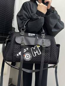 女士时尚 Y2K 网眼单肩包大容量拼接铆钉复古斜跨包多口袋都市街头风格手提包适合日常使用是完美的礼物 - 黑色 - 查看 4