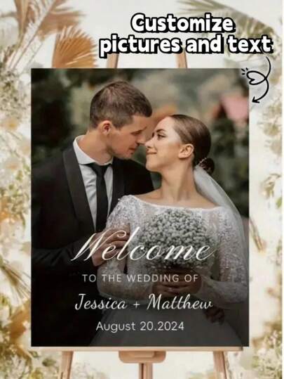1pc Flat Customizable Wedding Welcome Sign | Personalized With Photos, Names & Dates | Multi-Sizes For Indoor/Outdoor Decor | For Weddings, Events & Special Occasions | Elegant Font Engraving | Ideal For Brides & Grooms Wedding Items Bride Wedding Decorations
