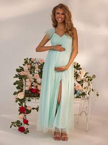 Vestido elegante para mujeres embarazadas con parche de malla fruncida de unicolor y volante en el bajo - verde menta - Ver 4