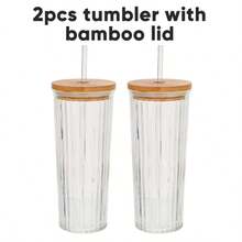 2pcs 4pcs 24oz Cute Iced Coffee Glass Cup Set With Plastic Lid And Glass Straw, Large Simple Stripe Clear Water Glass Tumbler With Bamboo Lid And Straw, Suitable For Juice Ice Cream Milk Tea, Perfect Gift - 2pcs tumbler with bamboo lid - 查看 8