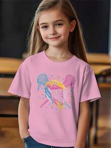 Lacrosse Ice Cream Drip Lax Boys & Girls Short Sleeve T-Shirt - 180g/㎡ Breathable Cotton, Geometric Pattern, Regular Fit Casual Top For Youth Players, All-Season Comfort, Sports Fan Apparel, Playful Graphic Tee, Comfortable Sports Shirt - 粉色 - 查看 1