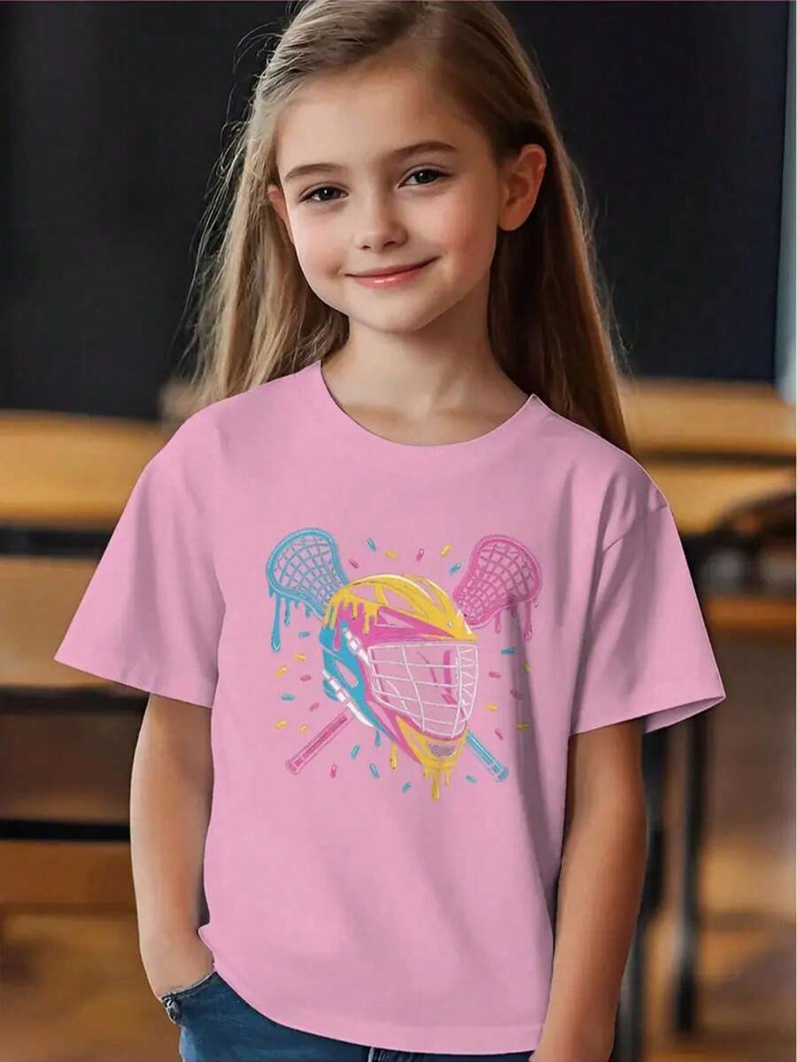 Lacrosse Ice Cream Drip Lax Boys & Girls Short Sleeve T-Shirt - 180g/㎡ Breathable Cotton, Geometric Pattern, Regular Fit Casual Top For Youth Players, All-Season Comfort, Sports Fan Apparel, Playful Graphic Tee, Comfortable Sports Shirt - 粉色 - 查看 1