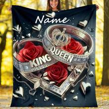 Personalized "KING QUEEN" Engraved Couple Rings Throw Blanket - Soft Warm Flannel With Sparkling Roses & Hearts, Ideal For Sofa, Bedroom, Travel & More, All-Season Polyester, Machine Washable, Romantic Gift Idea, Romantic Gift | Elegant Design | Durable Polyester, Couples Gifts - Nhiều màu - Xem 10