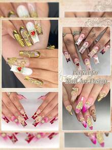 40件随机金色美甲饰品套装，包含闪亮星星铆钉、十字架、可爱行星合金美甲饰品和3D Y2K水钻美甲配件 - 金色 - 查看 4