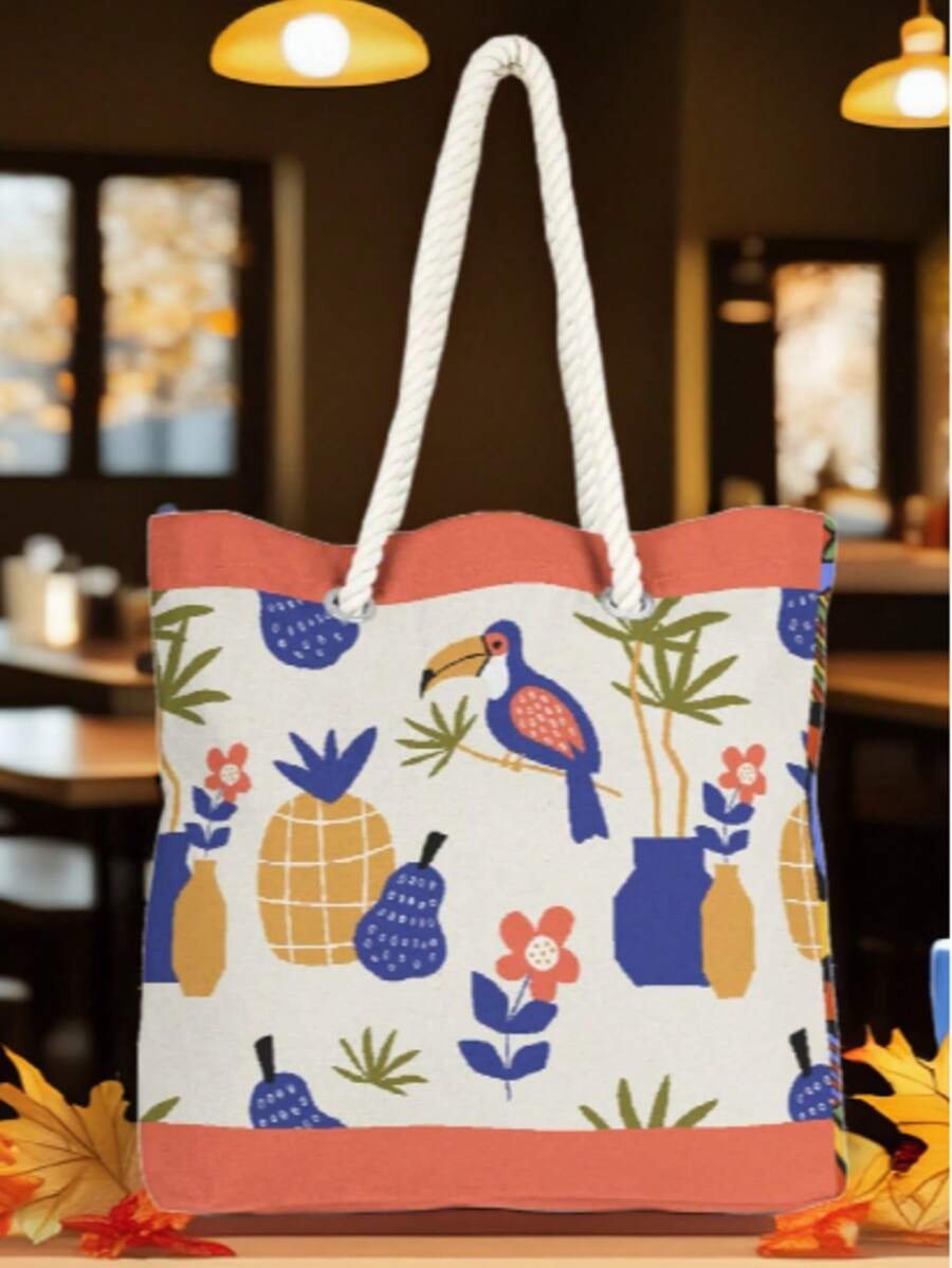 This Summer's Must-Have Bag! – Rope Handle Shoulder Bag | 40x40 Cm | Print | Made In Turkey - Army Green - View 1