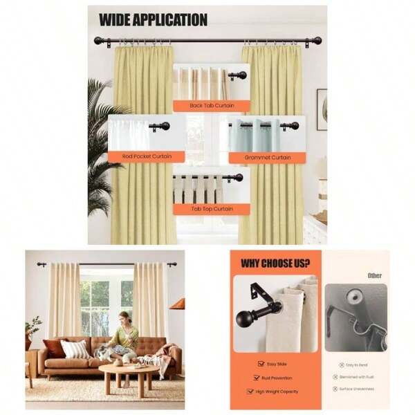 Curtain Rods 28 To 48 Inch, 58 Inch Heavy Duty Decorative Curtain Rod With Ball End Caps, Adjustable Brackets. Easy To Install. Brown.