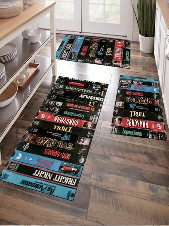 1pc Horror Movie Poster Pattern Kitchen Mat, Modern Personalized Absorbent Quick-Dry Kitchen Carpet, Machine Washable, Runner Rug, Hallway Carpet, Indoor Entrance Mat, Odorless Skin-Friendly Thick Kitchen Floor Mat, Non-Slip Kitchen Decor Rug, Easy To Clean Entryway Welcome Mat, Non-Slip Absorbent Kitchen Floor Mat, Party Gathering Home Decor Carpet, Suitable For Living Room, Dining Room, Kitchen