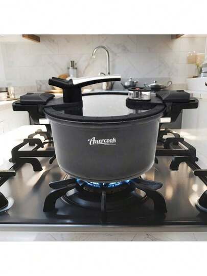 Olla de Cocción a Baja Presión Amercook 24 cm (5 L) – Antiadherente con Revestimiento Greblon, Tapa de Vidrio y Asas Frías