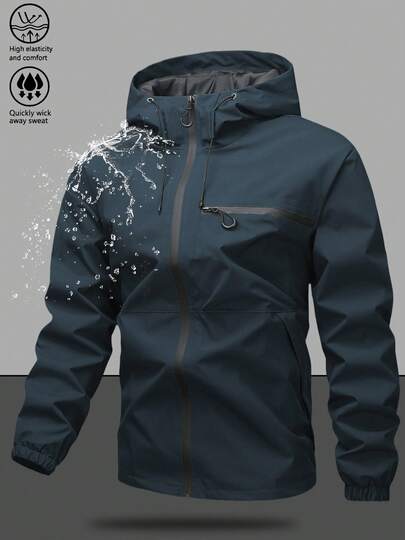 Men's Hooded Drawstring Soft Shell Windbreaker Jacket, Sports & Casual, Front Large Pocket, Zipper Side Pockets, Suitable For Daily Wear, Versatile & Popular Jacket