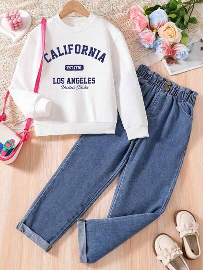 女童字母印花圆领长袖上衣和牛仔裤