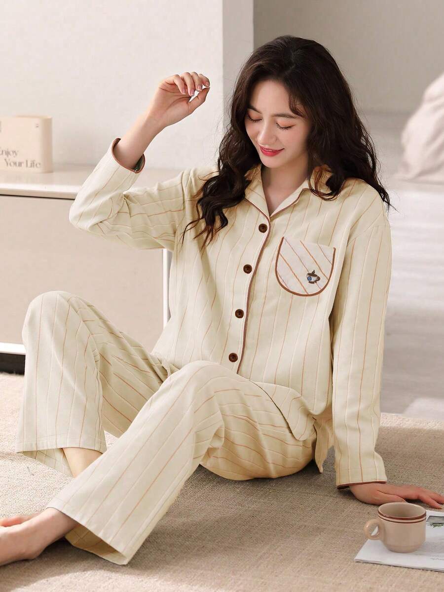 AICJ 2件套女士休闲条纹长袖上衣和裤子睡衣套装,舒适家居服,适合春、夏、秋季穿着,情人节、新年礼物,秋冬服装 - 米色 - 查看 1