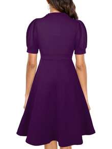 Womens Summer Short Puff Sleeve Casual Semi-Formal Fit And Flare Church Wedding Guest Work Dresses With Pockets - 0 Tím đậm - Xem 2
