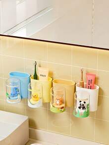 1 peça adorável desenho animado golfinho e urso suporte de escova de dentes de parede com copo de enxágue - plástico ABS durável, organizador de banheiro multifuncional para pasta de dente e escovas, decoração fofa de banheiro - Multicolorido - Ver 12