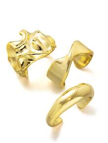 Set de 3 piezas de brazaletes anchos de acrílico con pliegues geométricos de moda, uso versátil diario para mujeres - Dorado - Ver 4