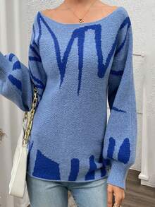Womens Knit Tops Fall Lantern Long Sleeve Off Shoulder Loose Fit Contrast Color Pullover Sweater - Blue - View 3